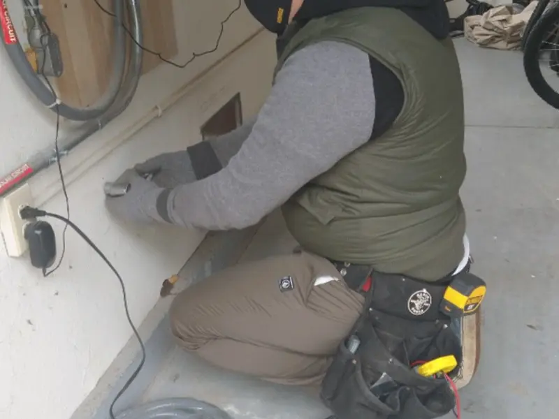 Electrician performing outlet wiring in a Bealeton garage